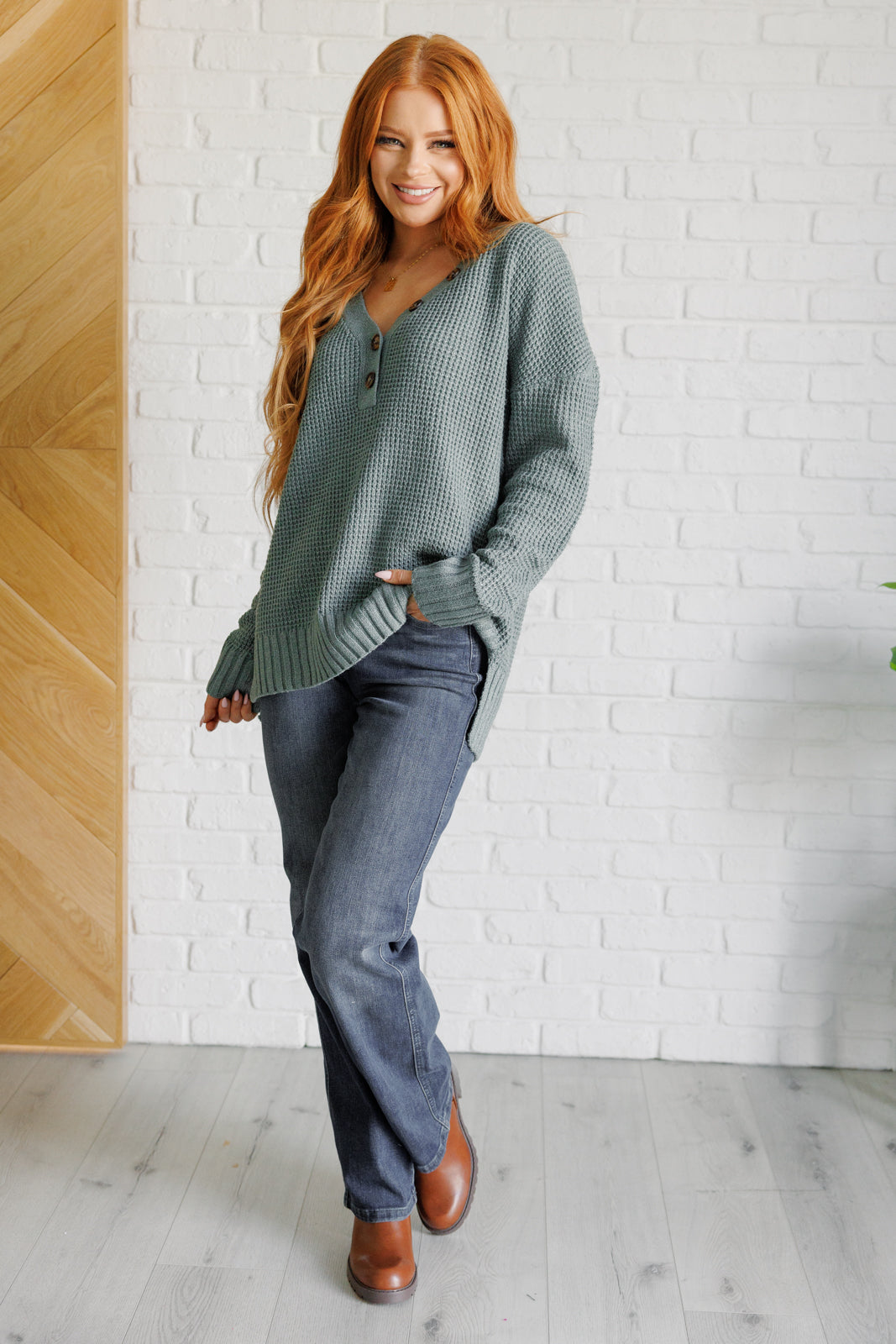 Lakeside View Drop Shoulder Sweater in Sage - Very J