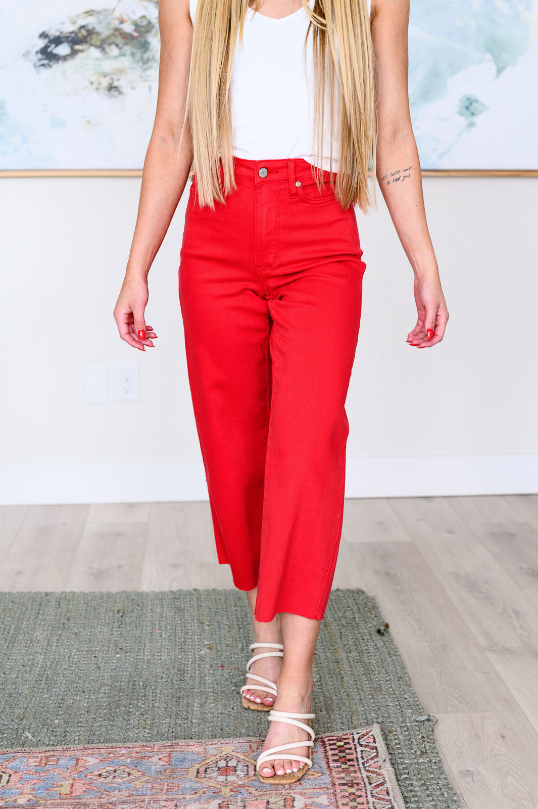 Lisa High Rise Control Top Wide Leg Crop Jeans in Red - Judy Blue