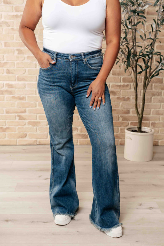 Miley High Waist Control Top Frayed Hem Flare Jeans - Judy Blue