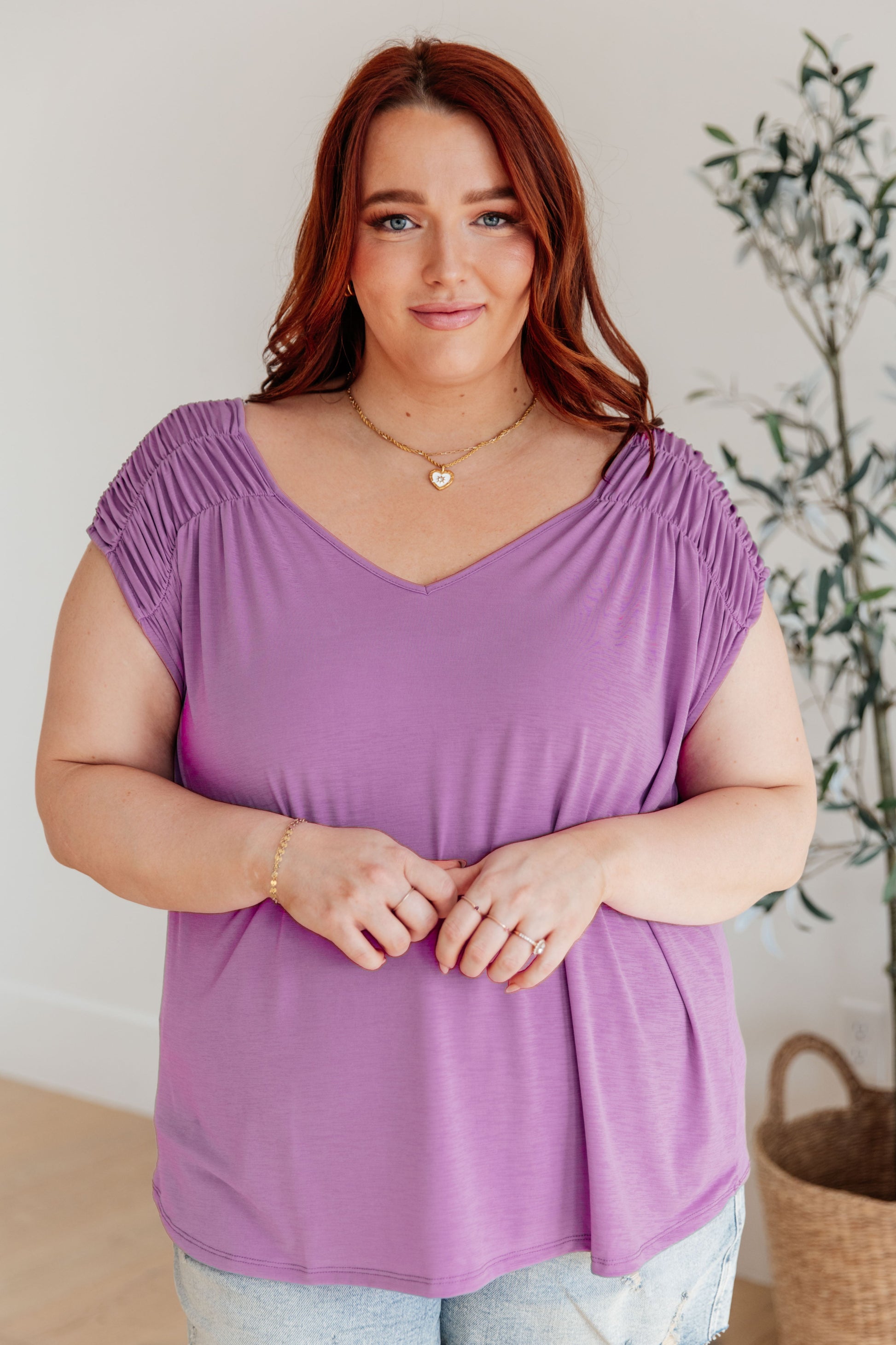 Ruched Cap Sleeve Top in Lavender - Dear Scarlett