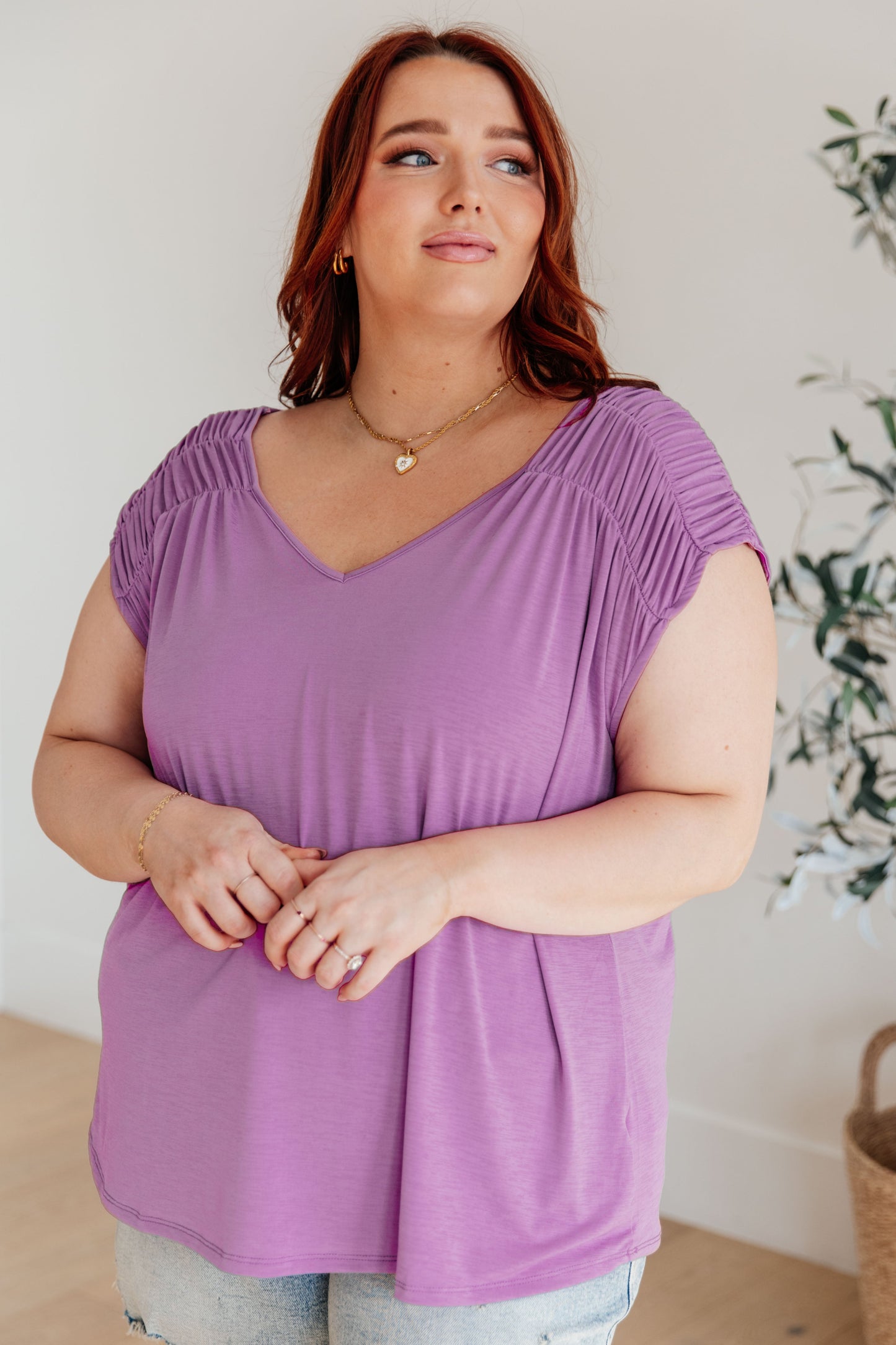 Ruched Cap Sleeve Top in Lavender - Dear Scarlett