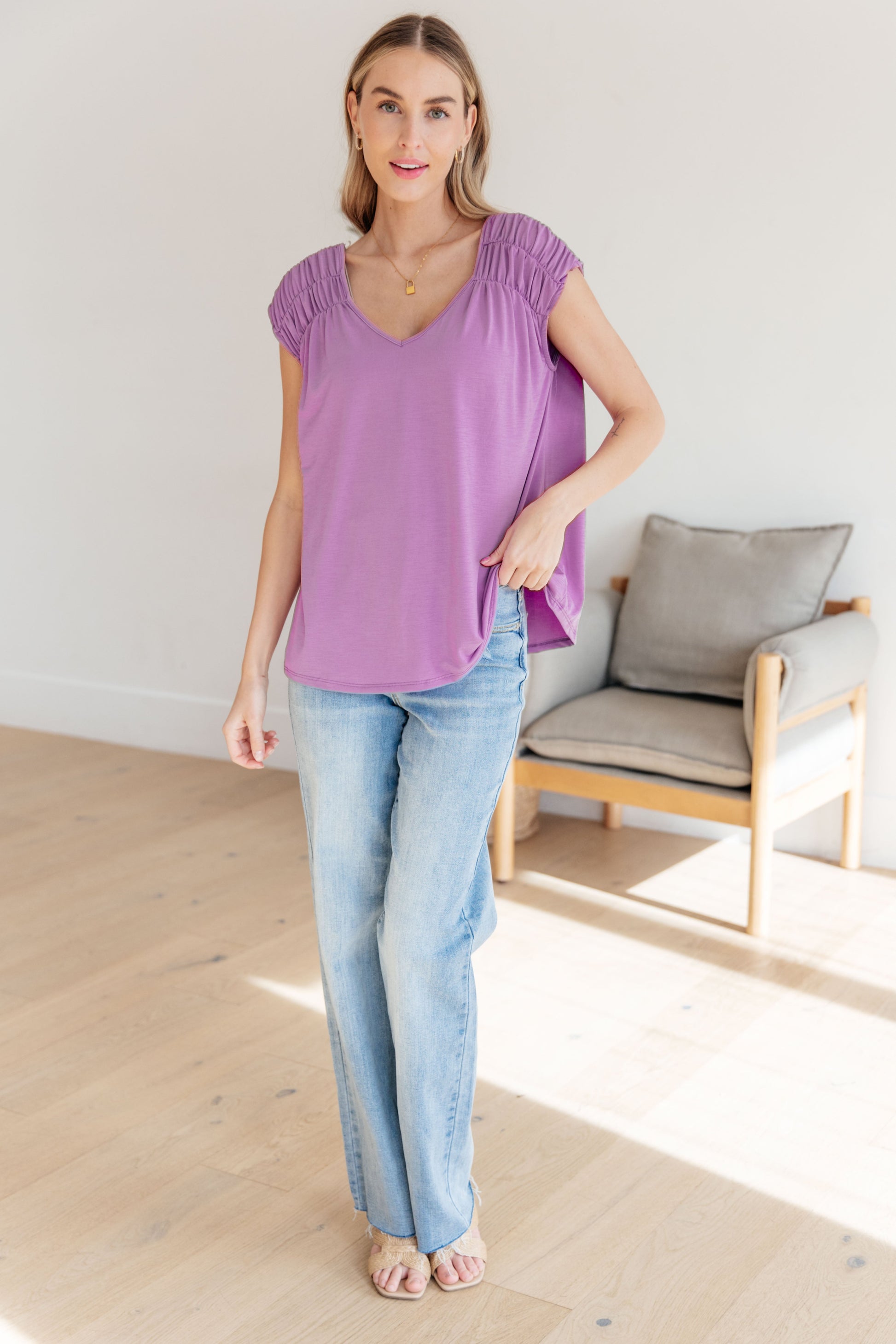 Ruched Cap Sleeve Top in Lavender - Dear Scarlett