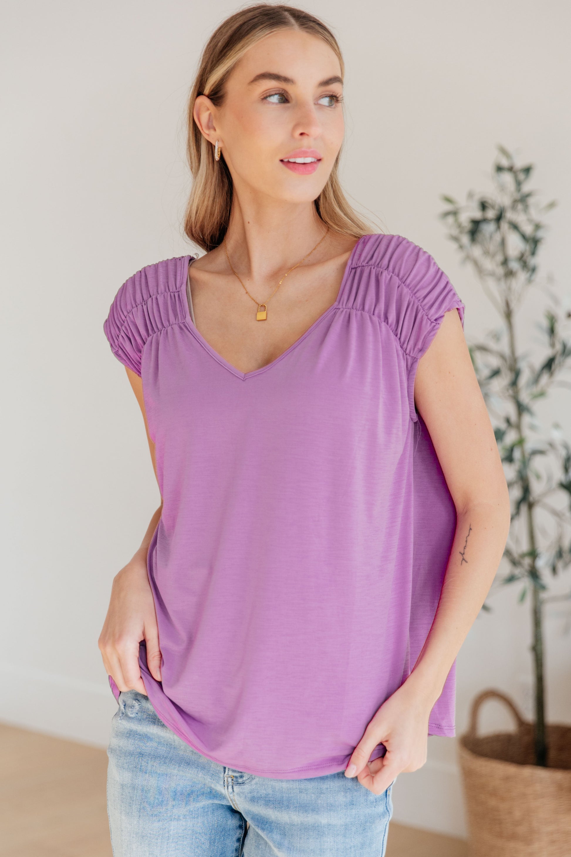 Ruched Cap Sleeve Top in Lavender - Dear Scarlett