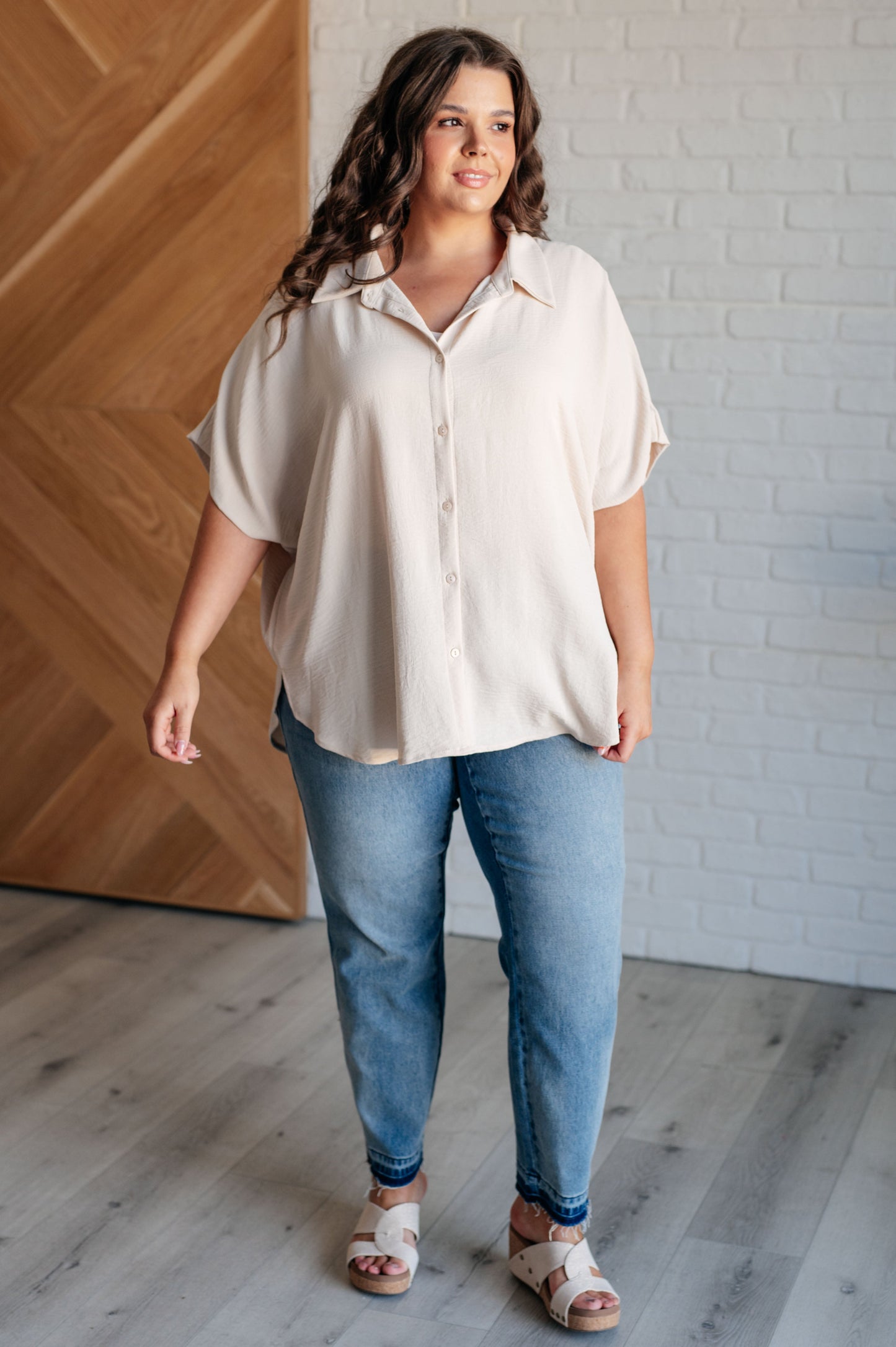 Sweet Simplicity Button Down Blouse in Oatmeal - Jodifl