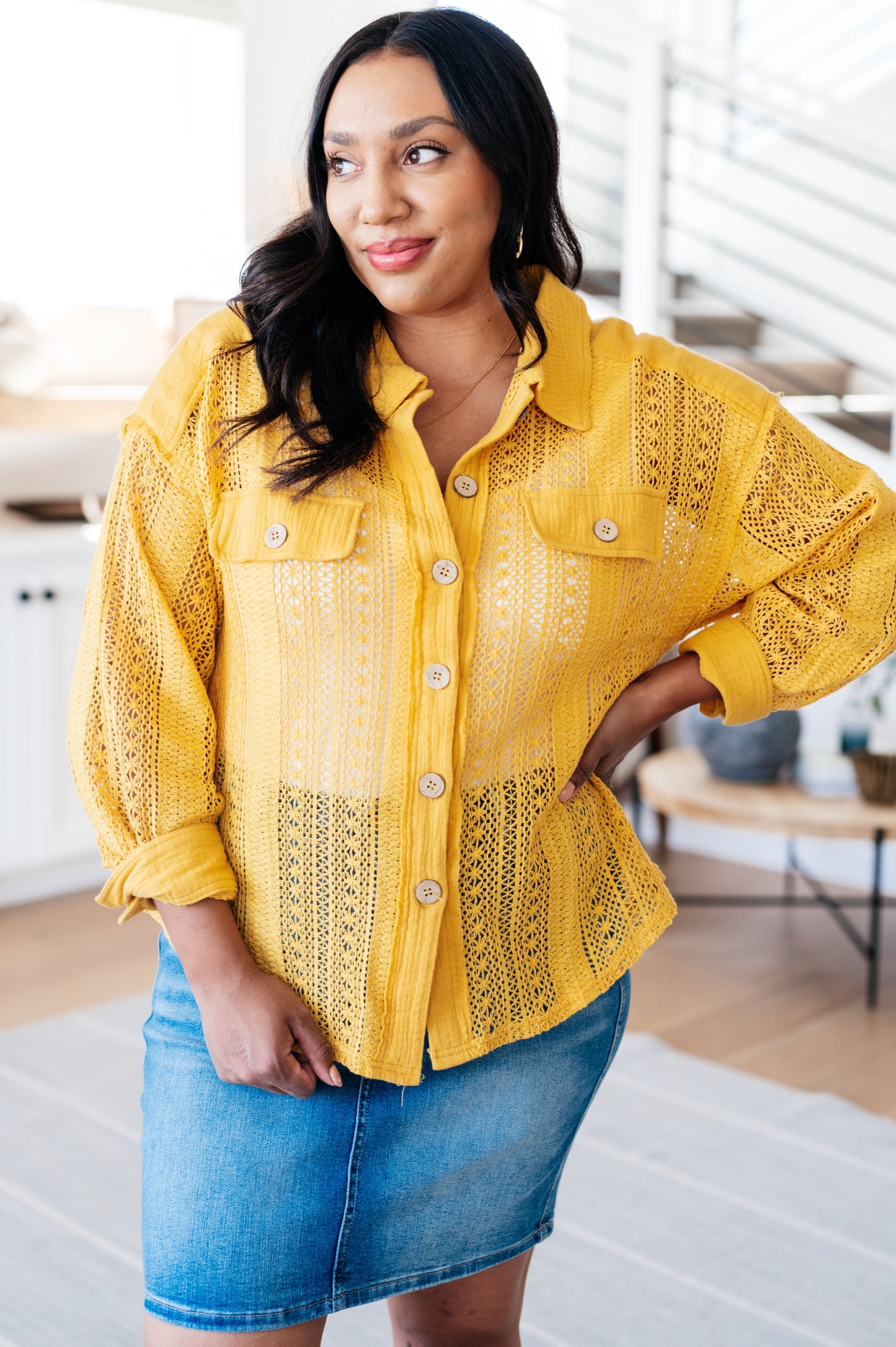Sweeter Than Nectar Lace Button Down in Honey - Very J