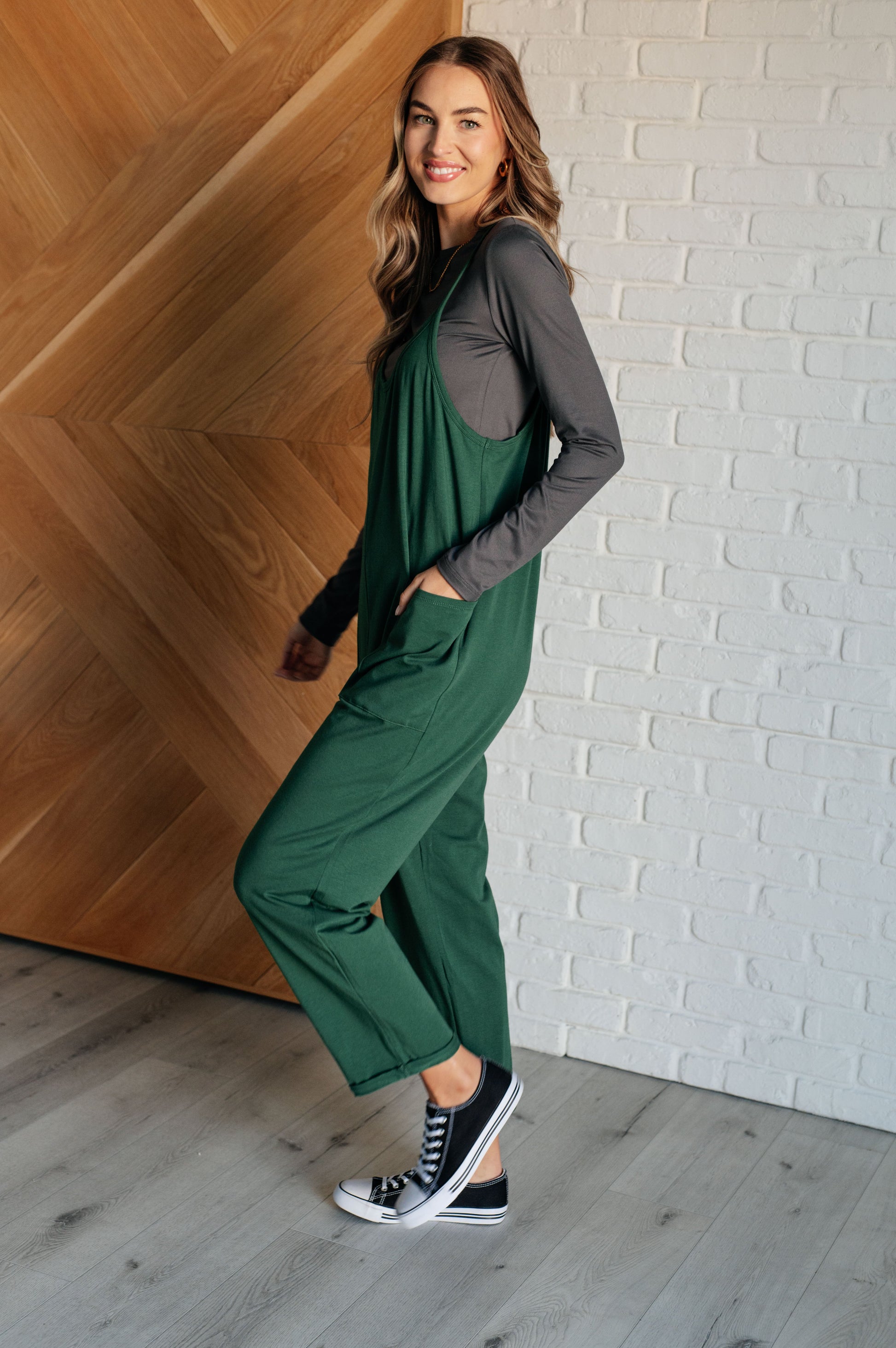 Totally Me Spaghetti Strap Jumpsuit in Dark Green - Zenana