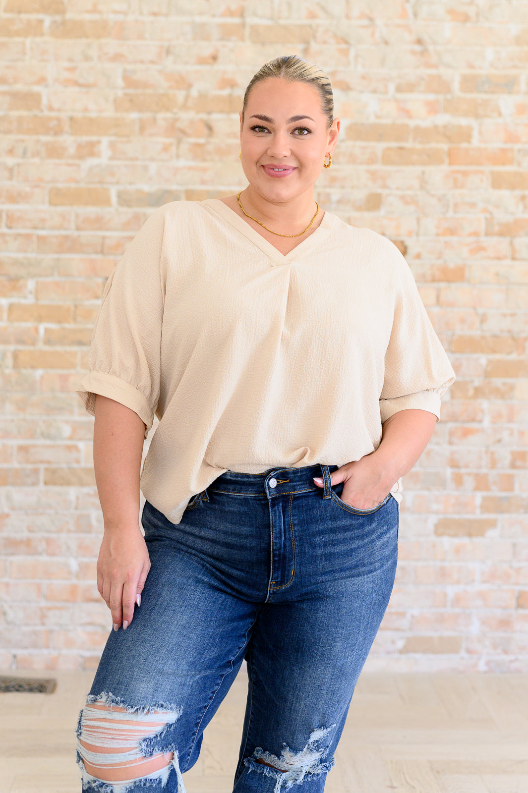 Up For Anything V-Neck Blouse in Taupe - Andree By Unit