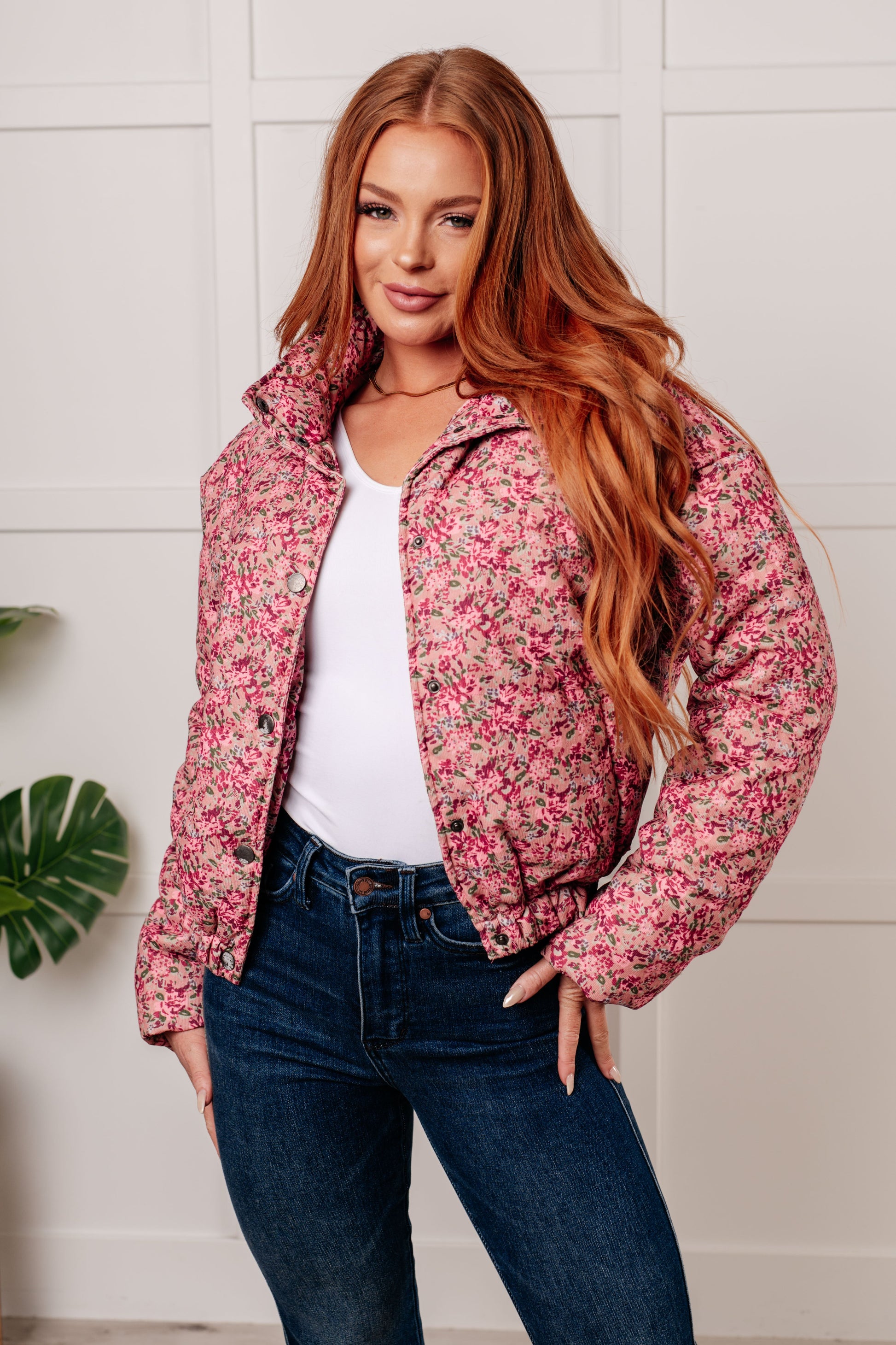 Wish Me Well Floral Printed Puffer Jacket in Rose Multi - Polagram