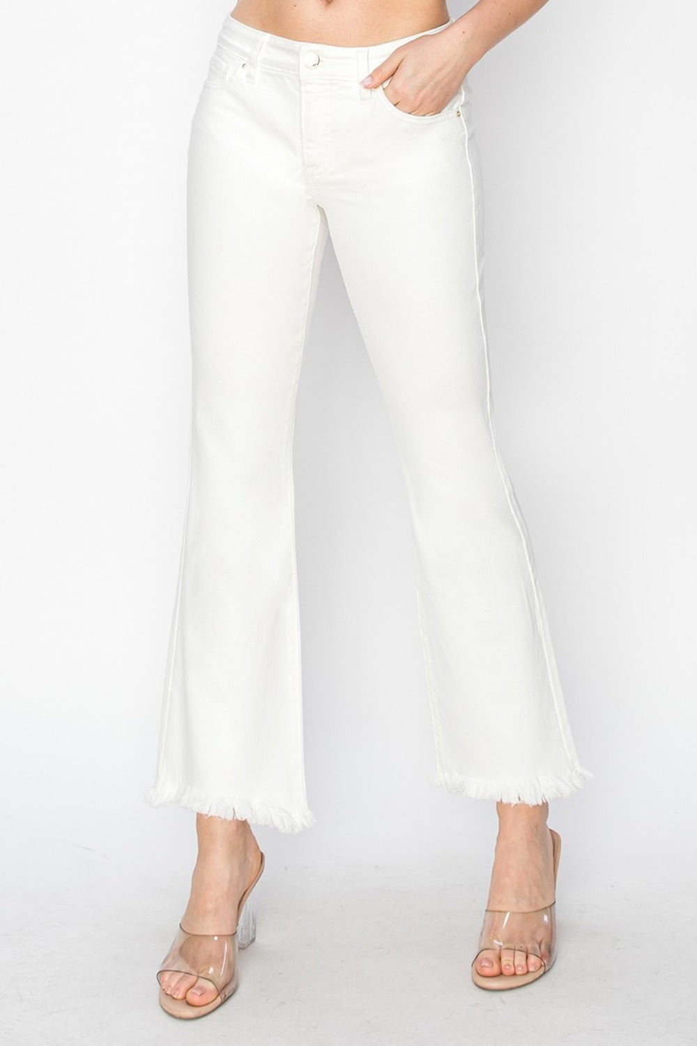 RISEN Full Size Tummy Control Crop Flare Step Hem Pants - White