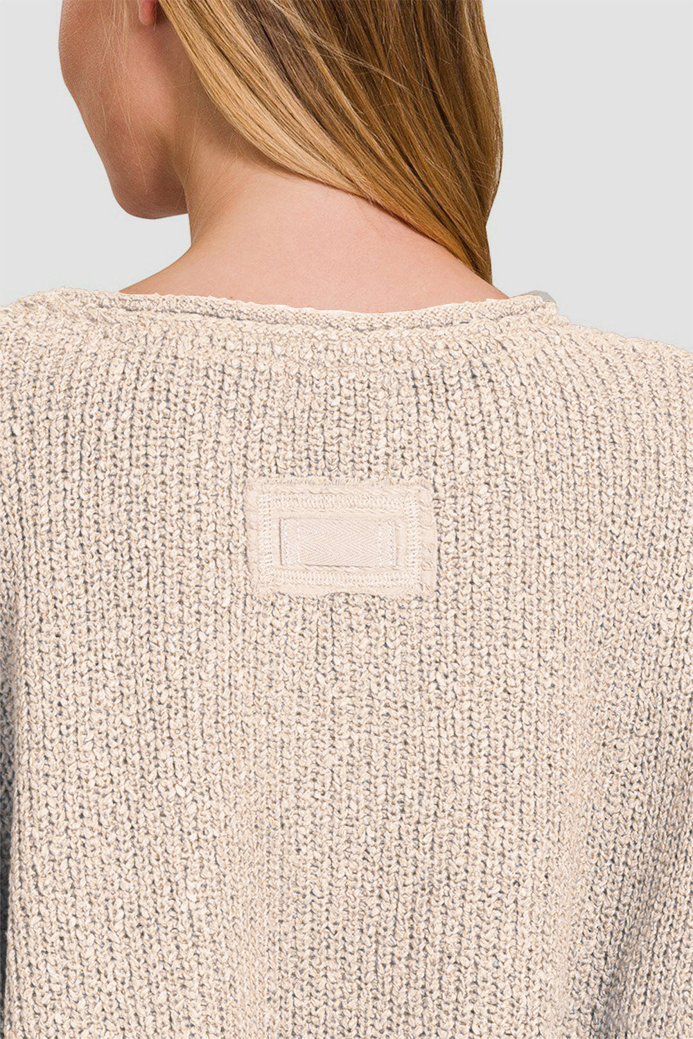 Zenana Notched Side Slit Patch Sweater - Sand Beige