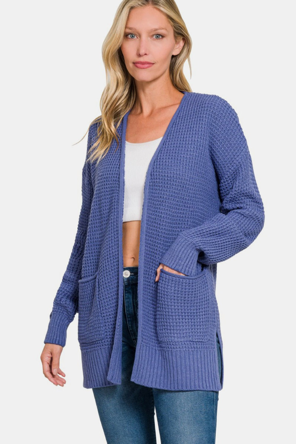 Zenana Waffle Open Front Sweater Cardigan - Marlin