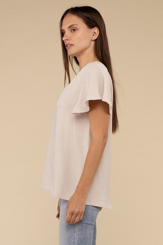 Woven Airflow Flutter Sleeve Top - Zenana