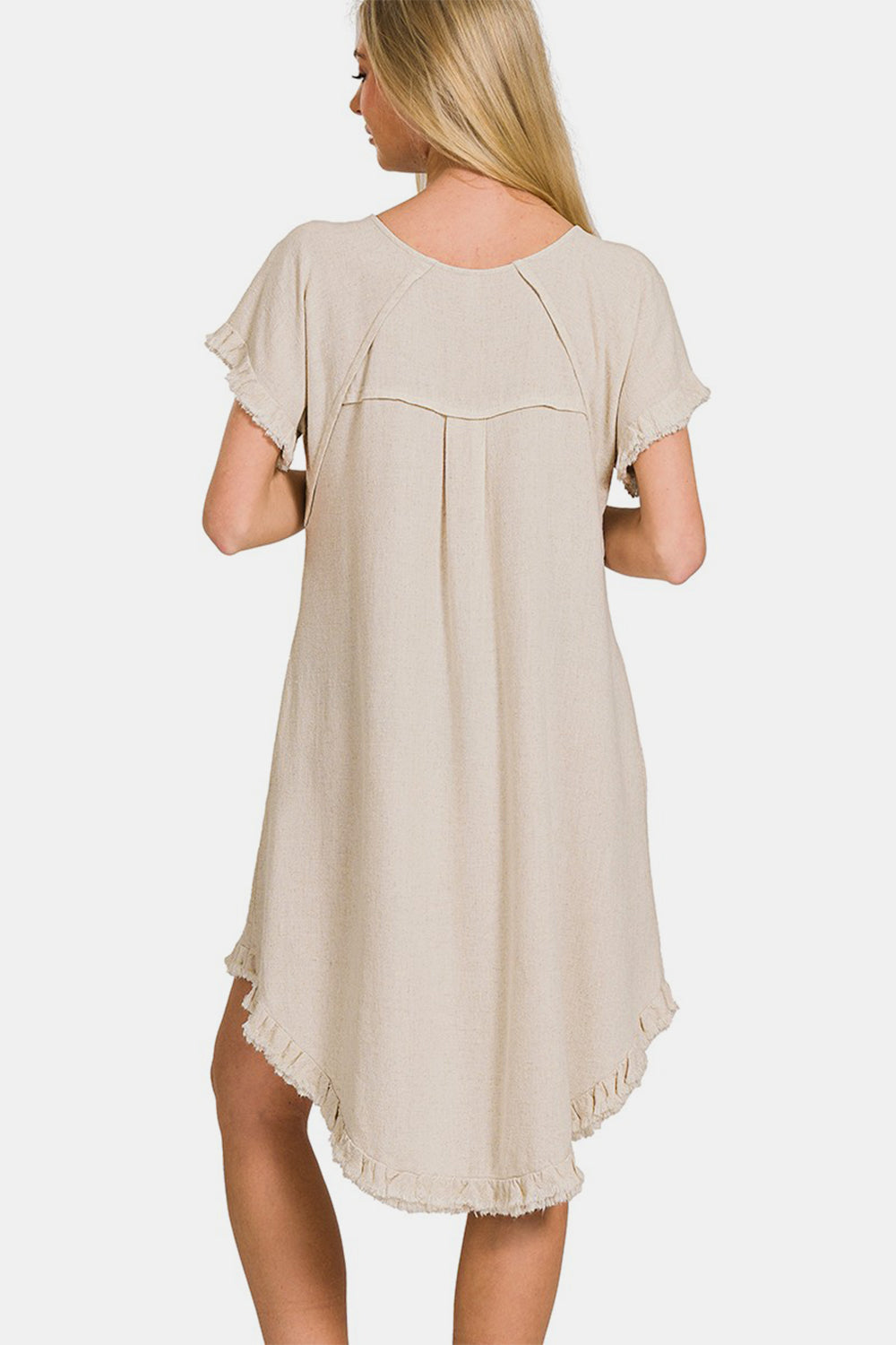 Zenana Fringe Edge High Low Flowy Dress with Pockets - Beige