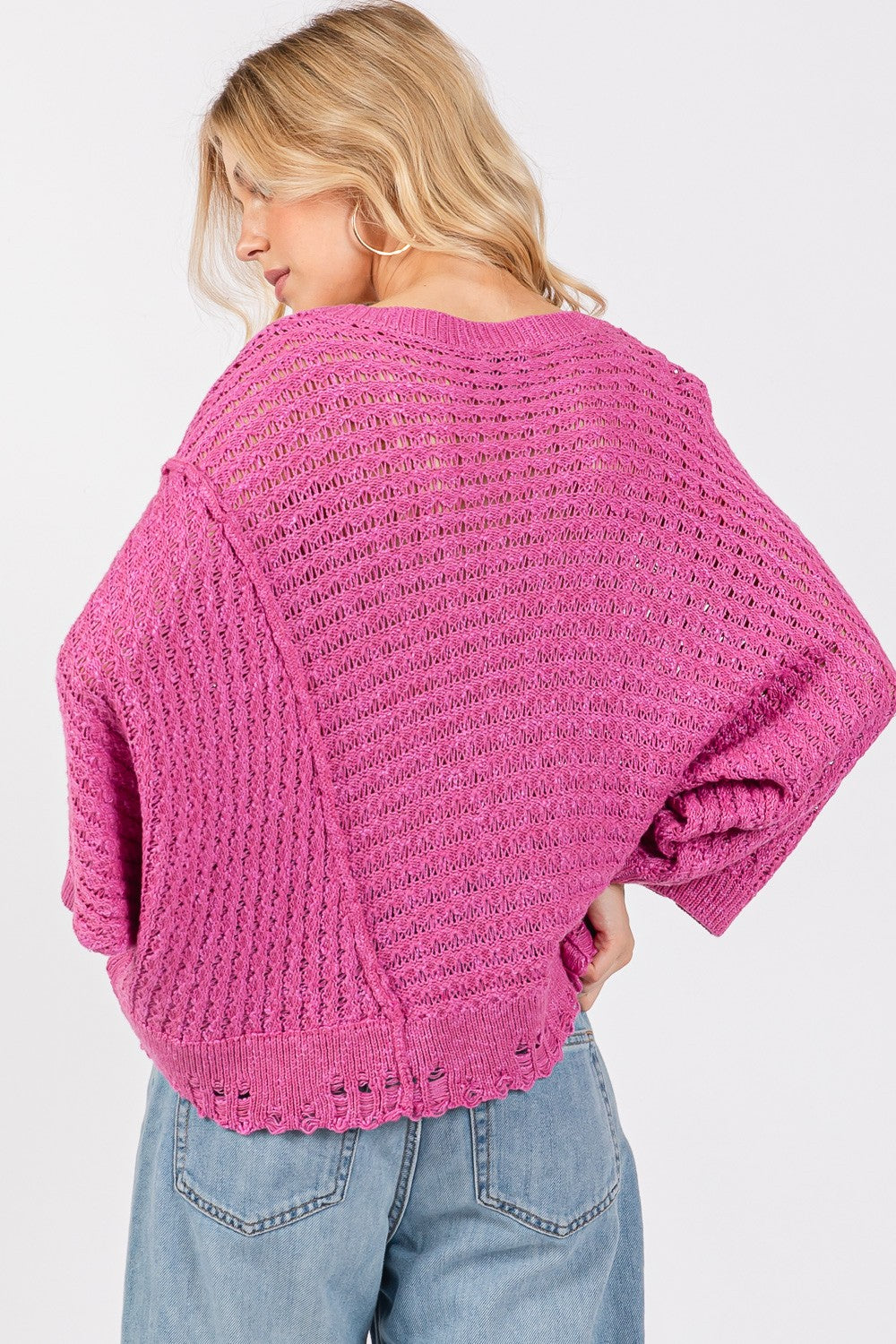 SAGE + FIG Distressed Asymmetrical Open Stitch Sweater - Magenta