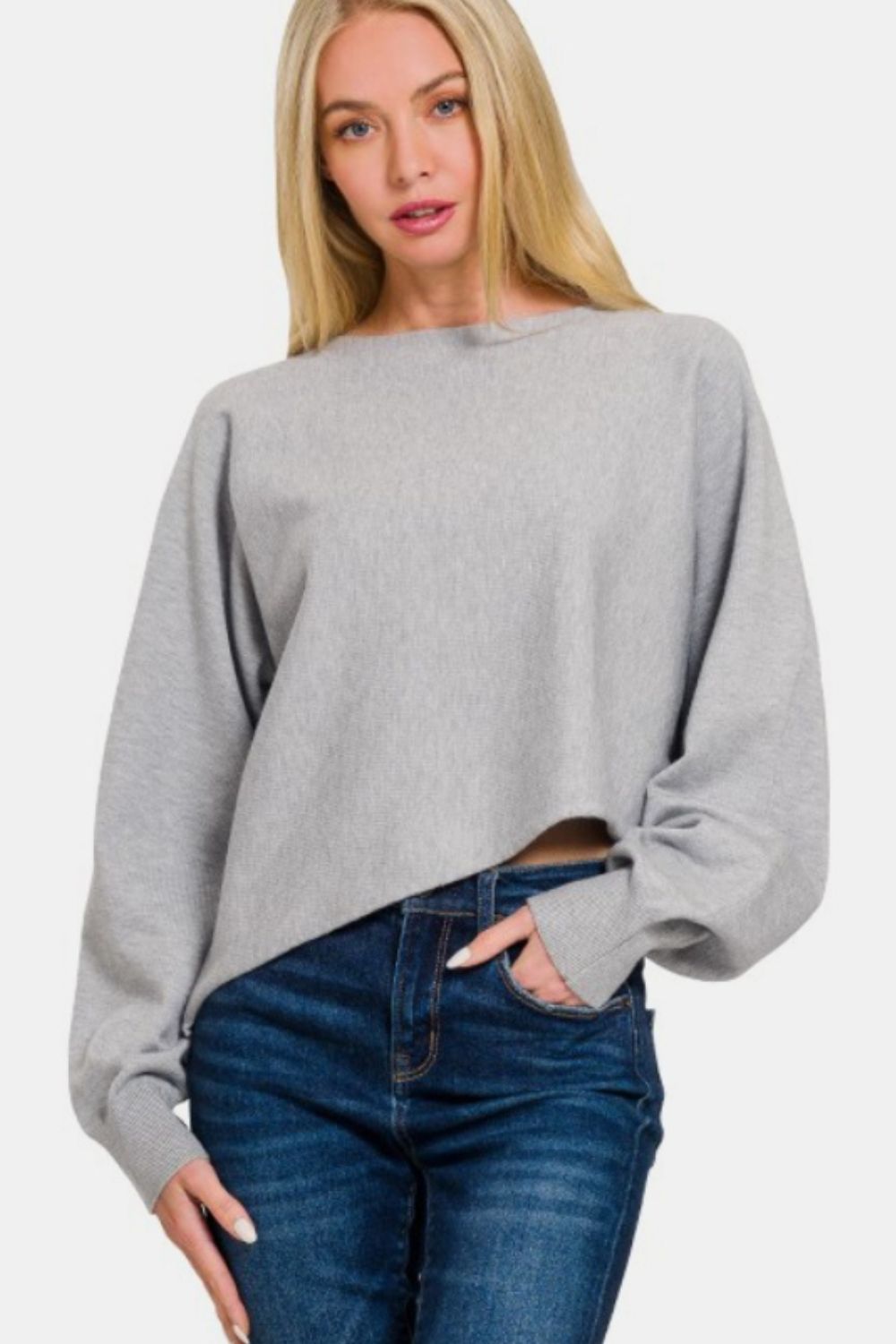 Zenana Asymmetric Hem Long Sleeve Sweater - Grey