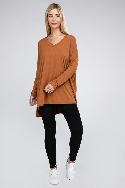 Dolman Long Sleeve V-Neck Side Slit Hi-Low Hem Top - Zenana