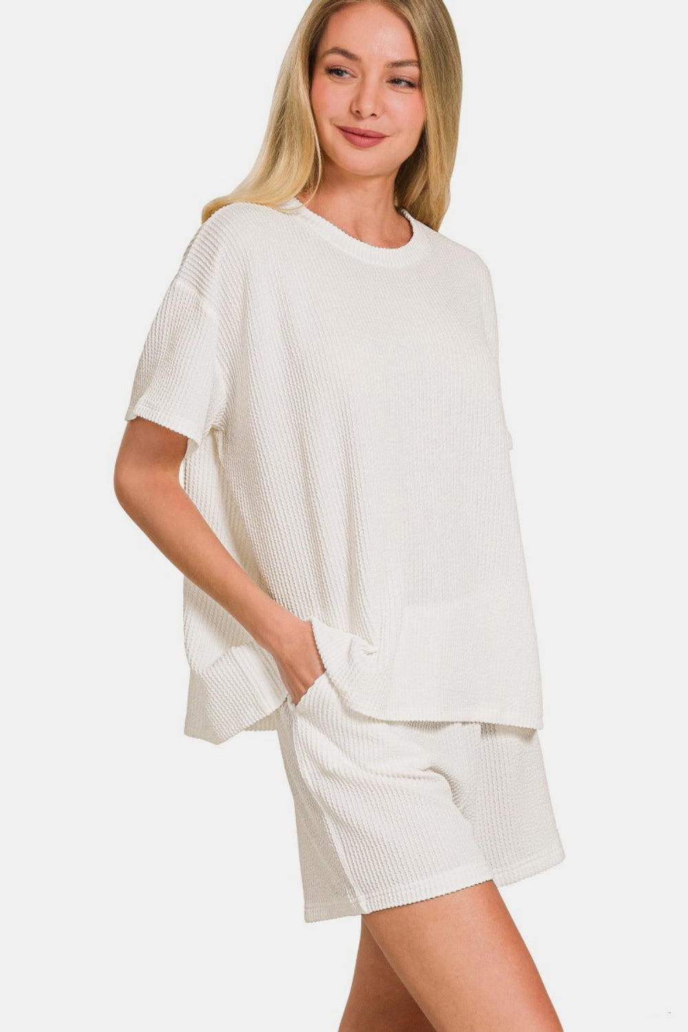 Zenana Rib Short Sleeve T-Shirt and Shorts Set - Off White