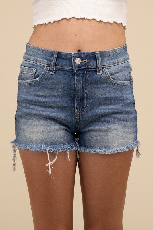 Mid Rise Raw Frayed Hem Denim Shorts - Zenana