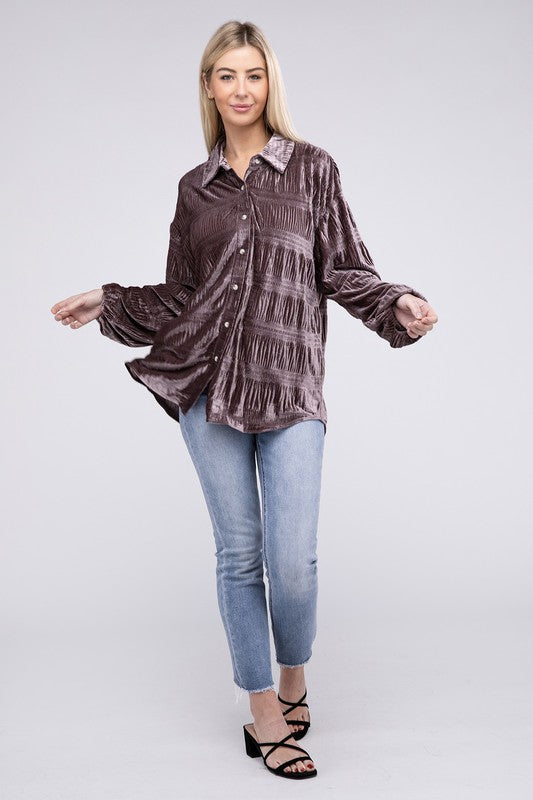 Wrinkle Effect Tiered Shirring Velvet Shirt - BiBi