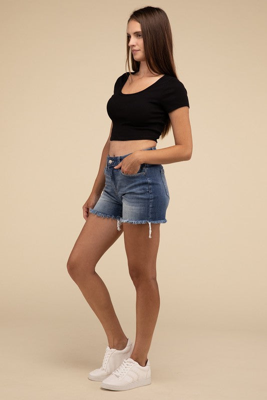 Mid Rise Raw Frayed Hem Denim Shorts - Zenana