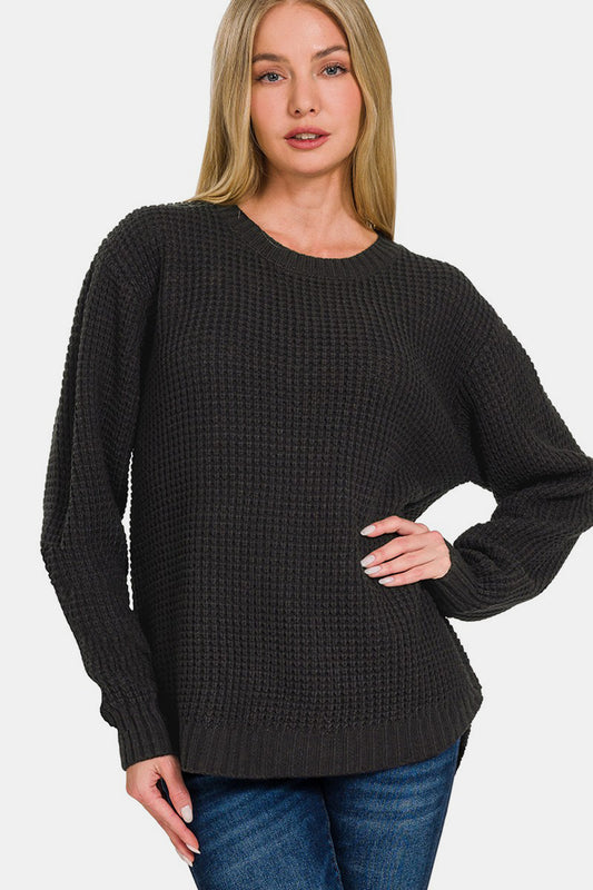 Zenana High Low Long Sleeve Waffle Sweater - Black