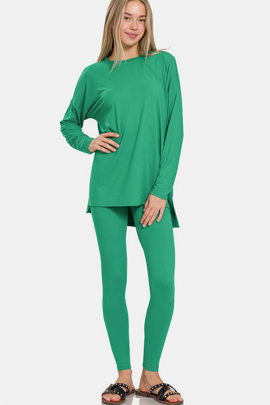 Zenana Full Size Brushed Microfiber Top and Leggings Lounge Set - Kelly Green