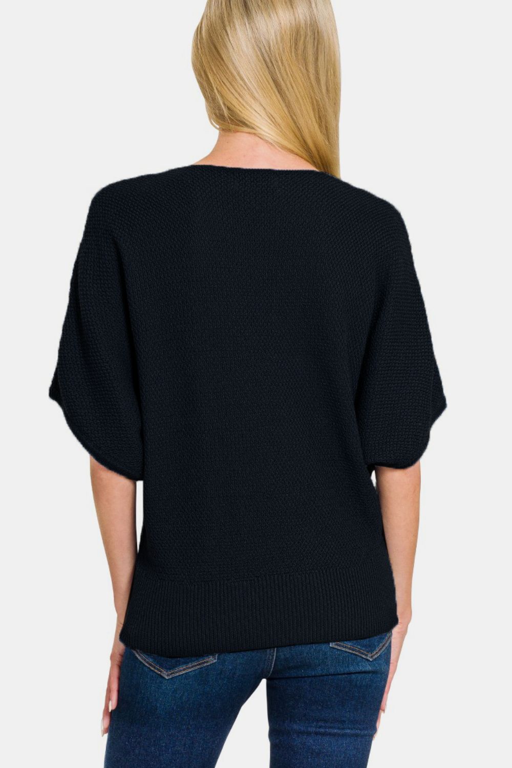 Zenana V-Neck Short Sleeve Dolman Sweater - Black