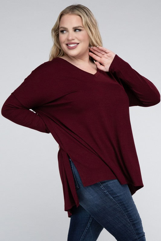 Plus Dolman Sleeve V-Neck Side Slit Hi-Low Hem Top - Zenana