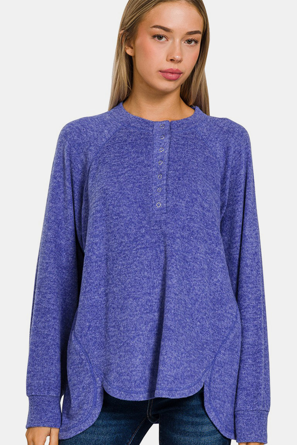 Zenana Full Size Brushed Melange Hacci High-Low Sweater - Bright Blue