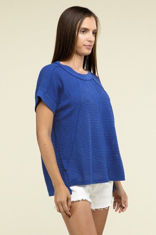 Brushed Waffle Exposed-Seam Short Sleeve Top - Zenana