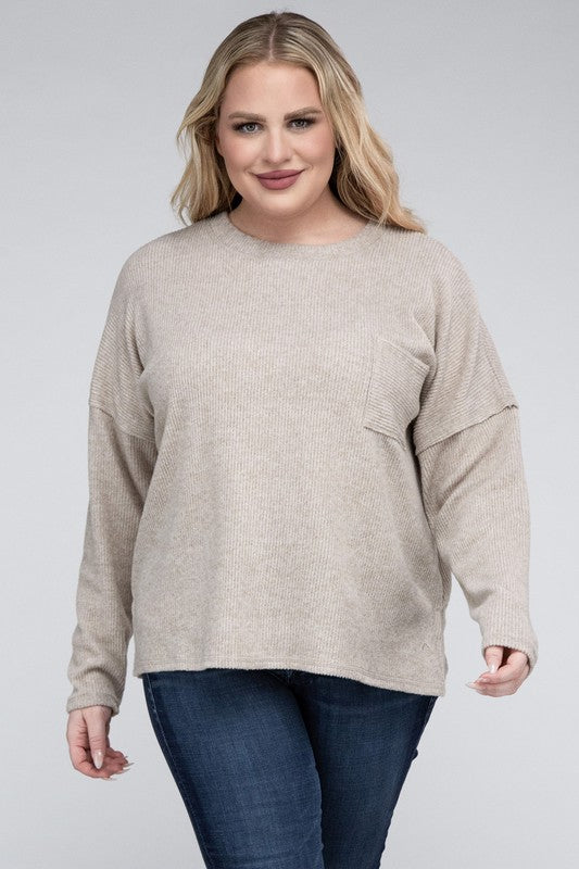 Plus Ribbed Brushed Melange Hacci Sweater - Zenana