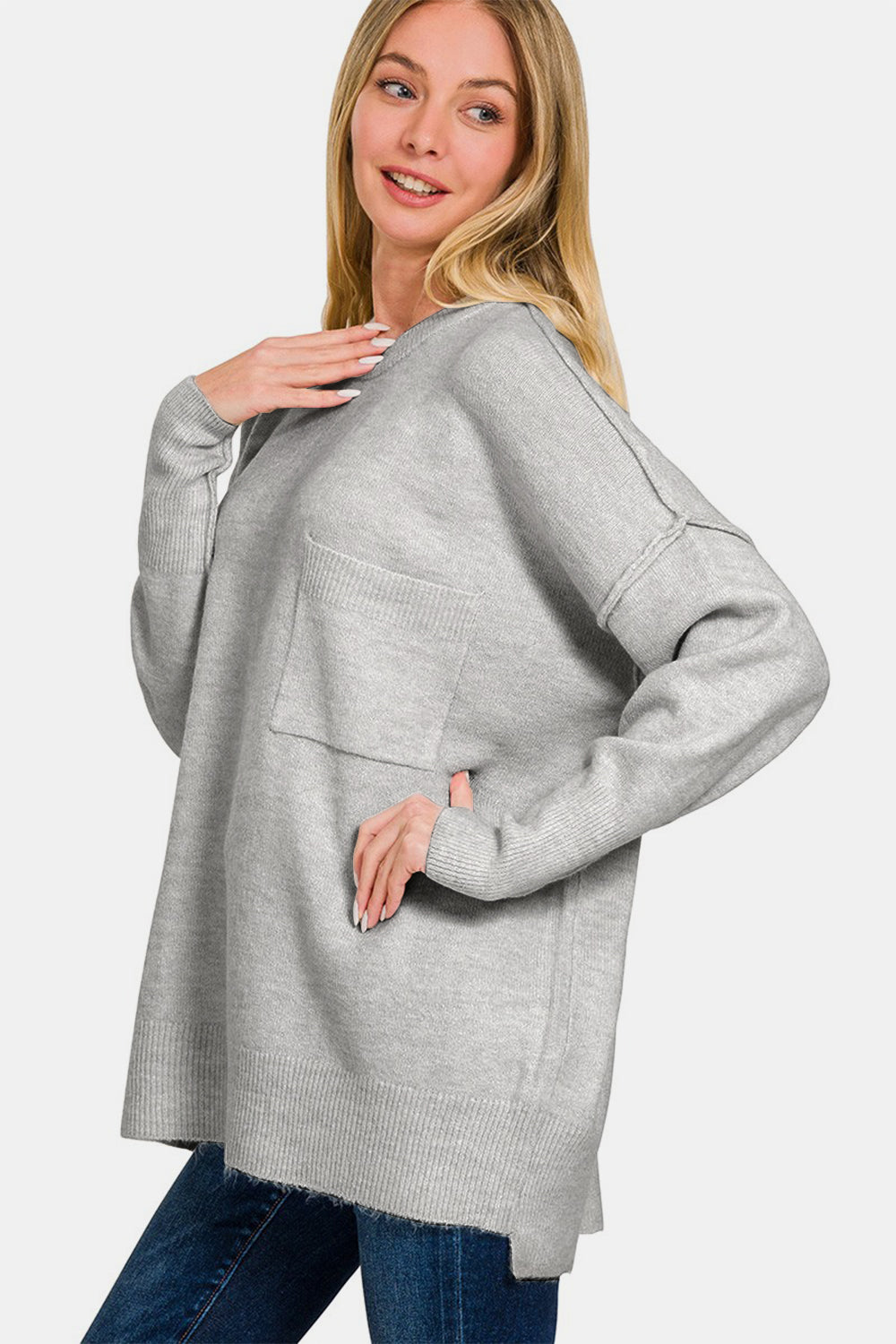 Zenana High-Low Hem Drop Shoulder Sweater - Grey