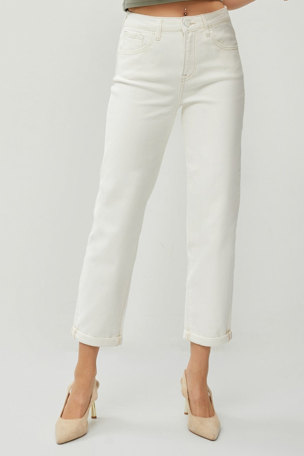 RISEN Full Size High Waist Rolled Hem Straight Jeans - Cream