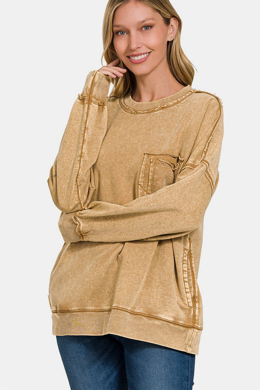 Zenana Exposed Seam Round Neck Dropped Shoulder Sweatshirt - Camel