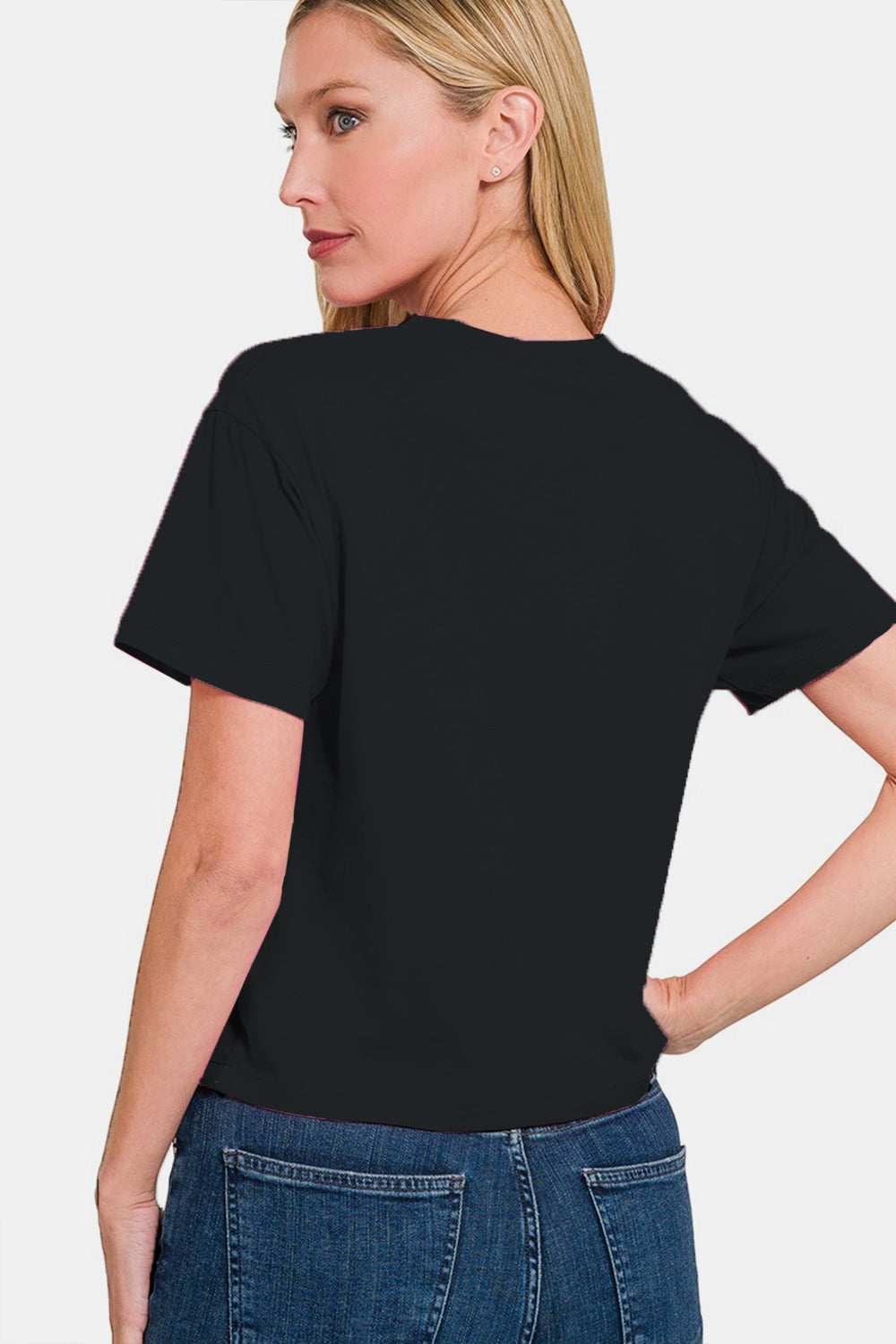 Zenana Round Neck Short Sleeve Cropped T-Shirt - Black