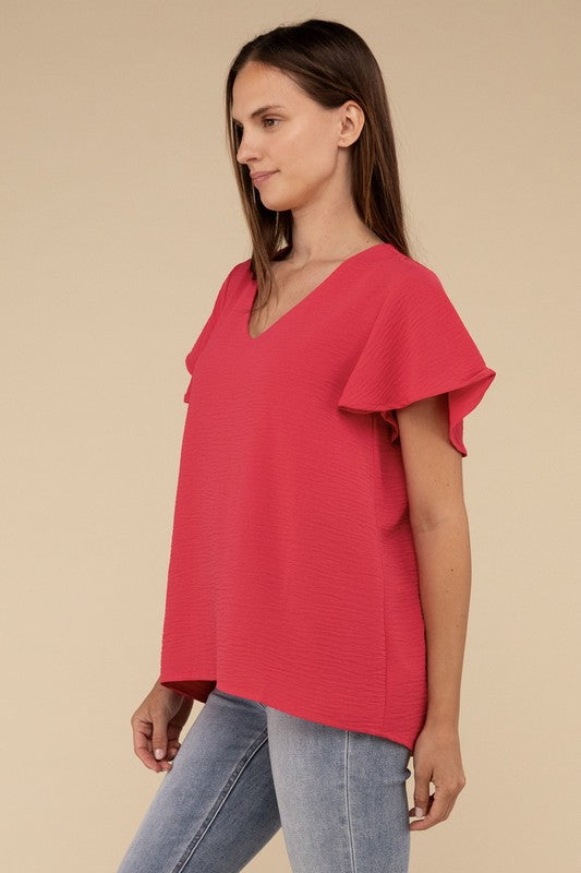 Woven Airflow Flutter Sleeve Top - Zenana