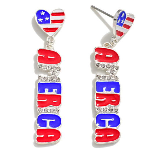Silver Toned America Drop Earrings With Rhinestone Accent