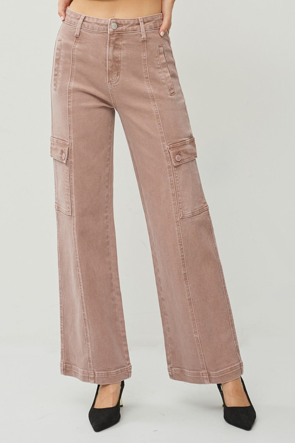 RISEN Full Size High Rise Wide Leg Cargo Jeans - Mauve