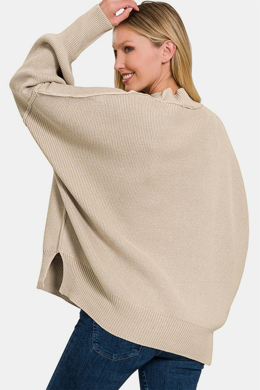 Zenana Side Sit Oversize Sweater - Beige