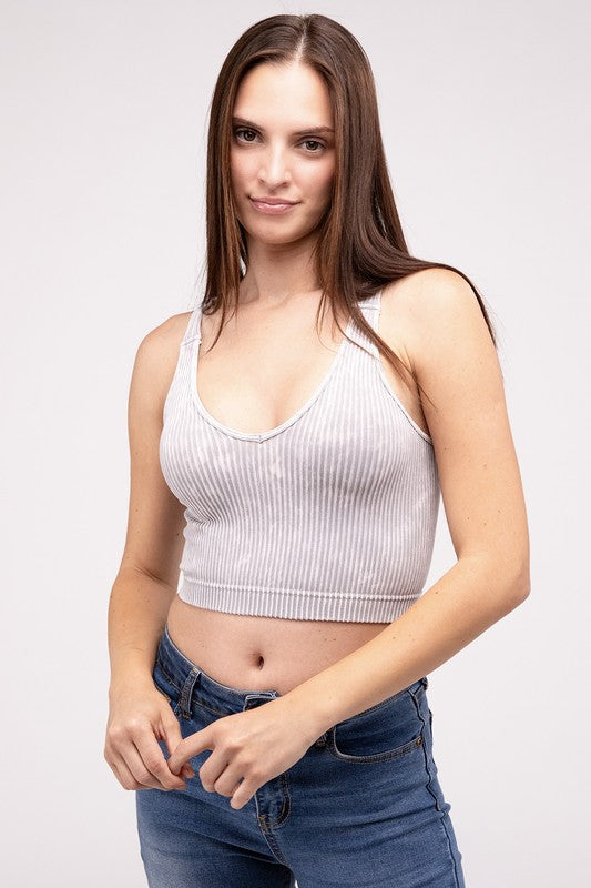 Washed Ribbed Cropped V-Neck Tank Top - Zenana