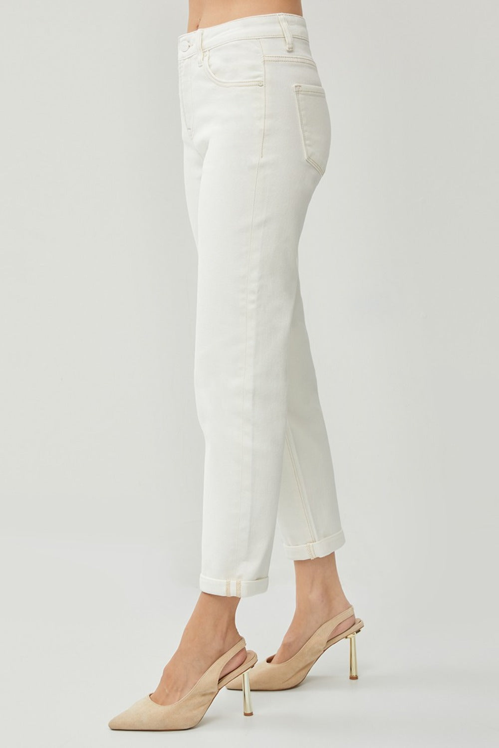 RISEN Full Size High Waist Rolled Hem Straight Jeans - Cream