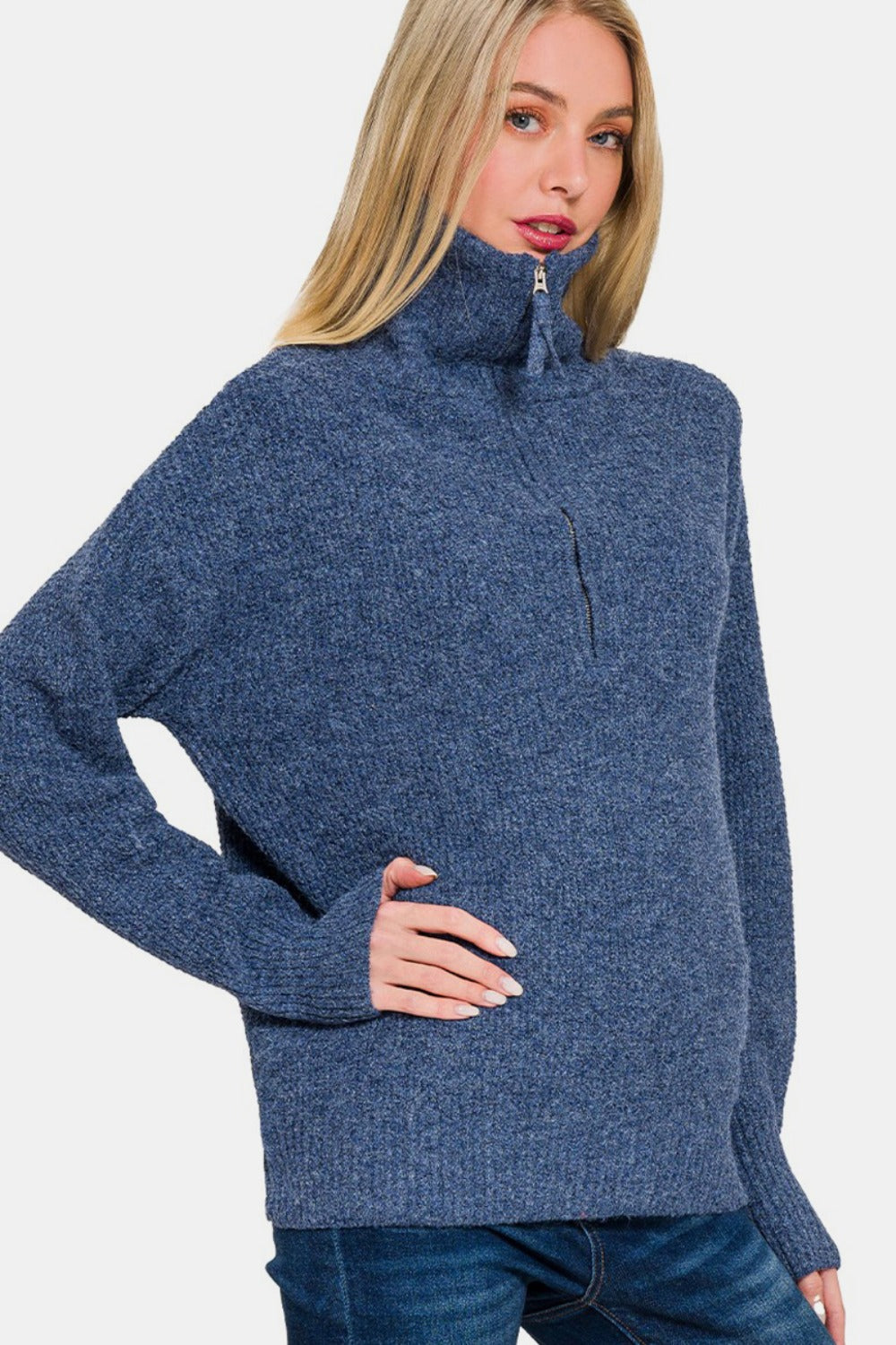 Zenana Half Zip Long Sleeve Sweater - Navy