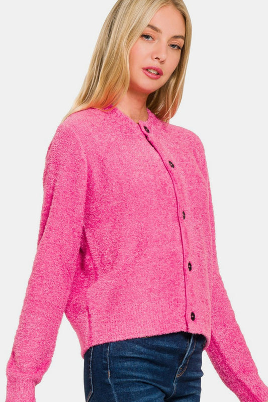 Zenana Button Down Long Sleeve Sweater Cardigan - Fuchsia