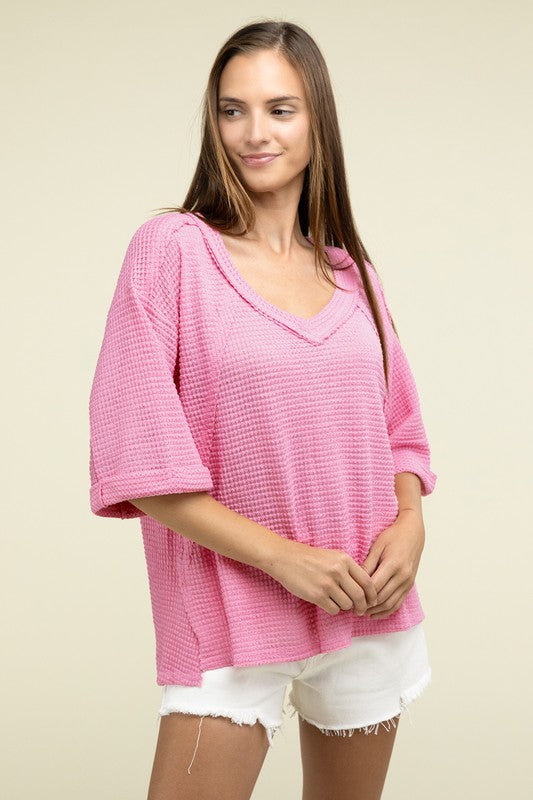 Brushed Waffle Exposed-Seam 3/4 Sleeve Top - Zenana