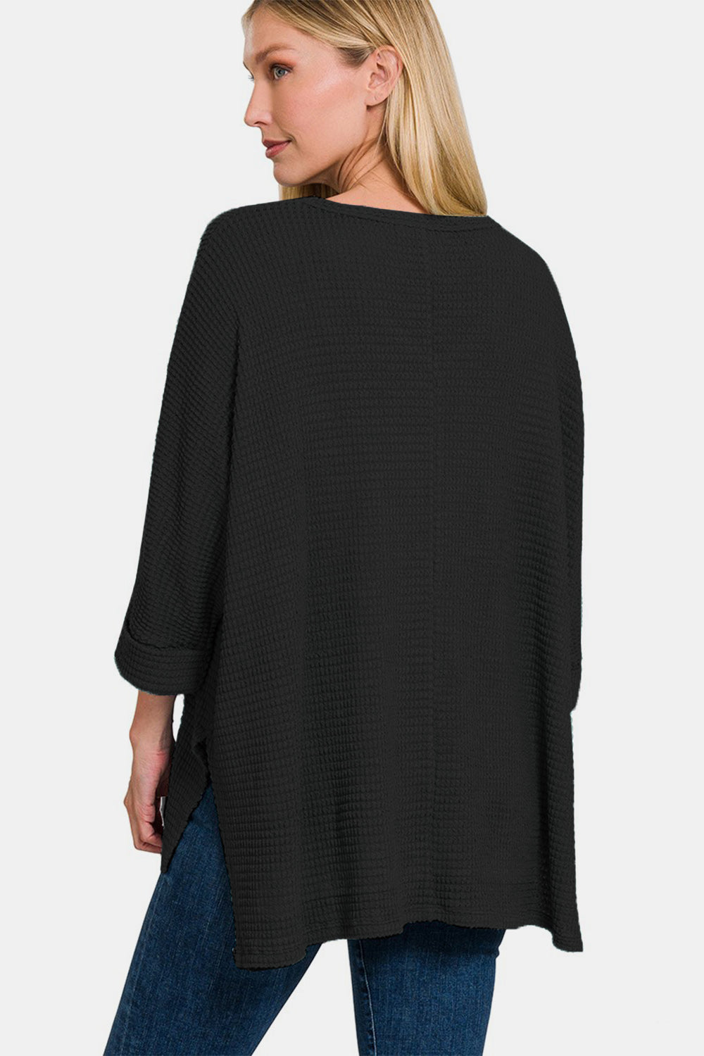 Zenana Full Size Waffle Knit V-Neck Long Sleeve Slit Top - Black