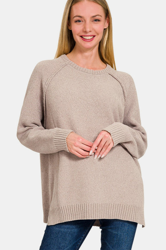 Zenana Side Slit Raglan Sleeve Sweater - Light Mocha