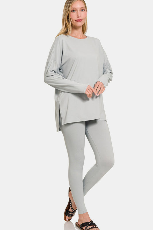 Zenana Full Size Brushed Microfiber Top and Leggings Lounge Set - Lt Grey