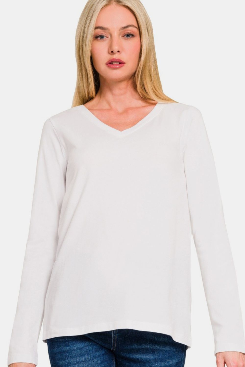 Zenana Full Size V-Neck Long Sleeve T-Shirt - White