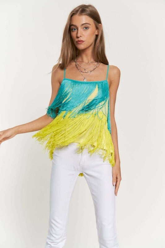 Fringe Overlay Cross Straps Party Cami Top - Davi & Dani