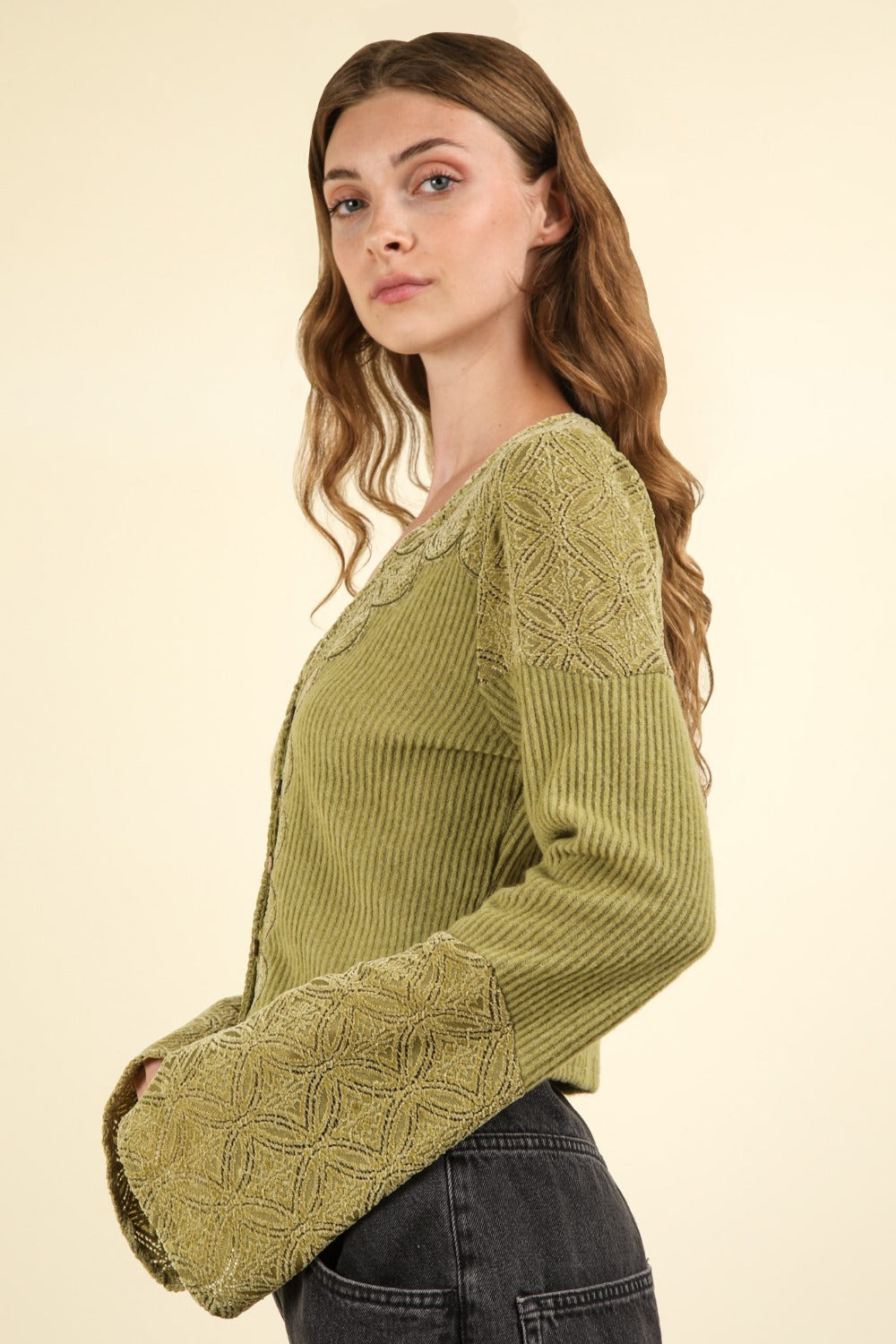 VERY J V-Neck Lace Detail Button Down Crop Ribbed Knit Top - Olive